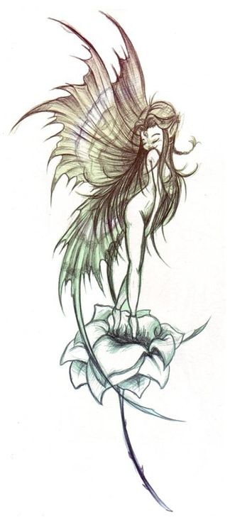Shy little naked fairy standing on a flower bud tattoo design