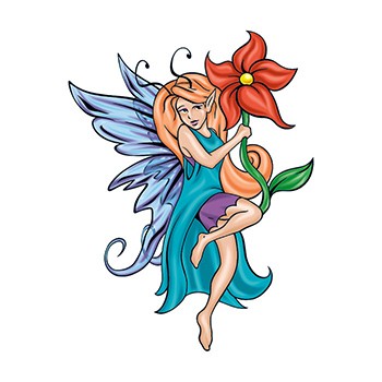 Shy mythical ginger fairy hiding behind a flower tattoo design