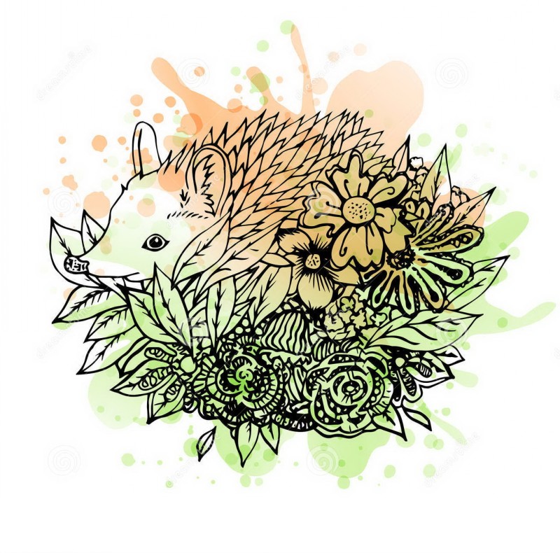 Shy outline hedgehog sitting on flowers tattoo design