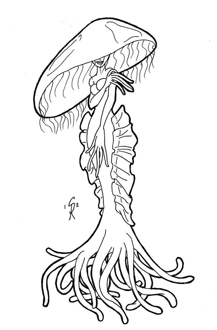 Shy outline jellyfish lady tattoo design by Ginger Sketches
