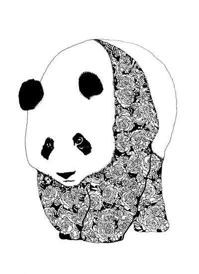 Shy panda with rose-patterned fur tattoo design
