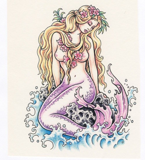 Sereia de cauda roxa tímida com design de tatuagem de flor de cerejeira rosa