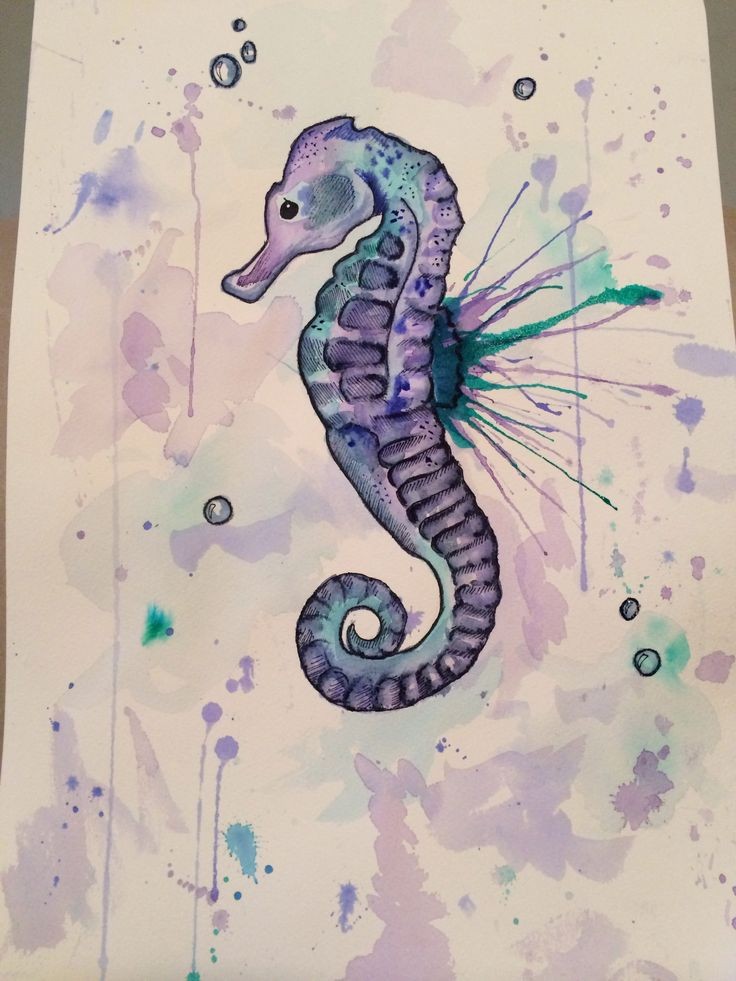 Shy purple watercolor seahorse with green splashed mane tattoo design
