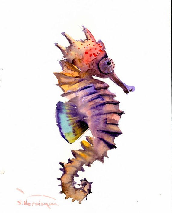 Shy rainbow watercolor seahorse tattoo design
