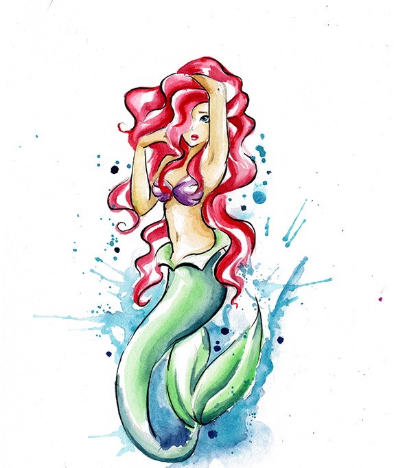 Shy watercolor ariel mermaid tattoo design
