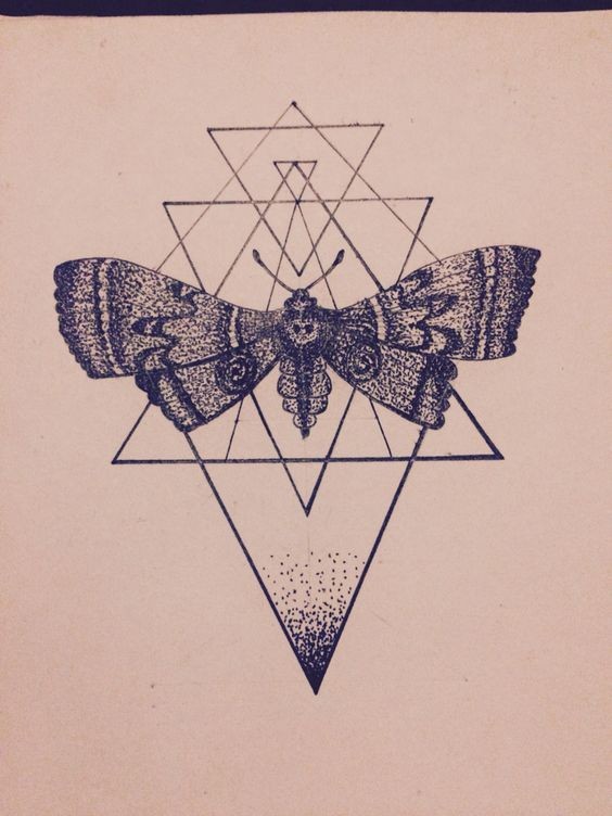 Simgle grey-ink moth on geometric background tattoo design
