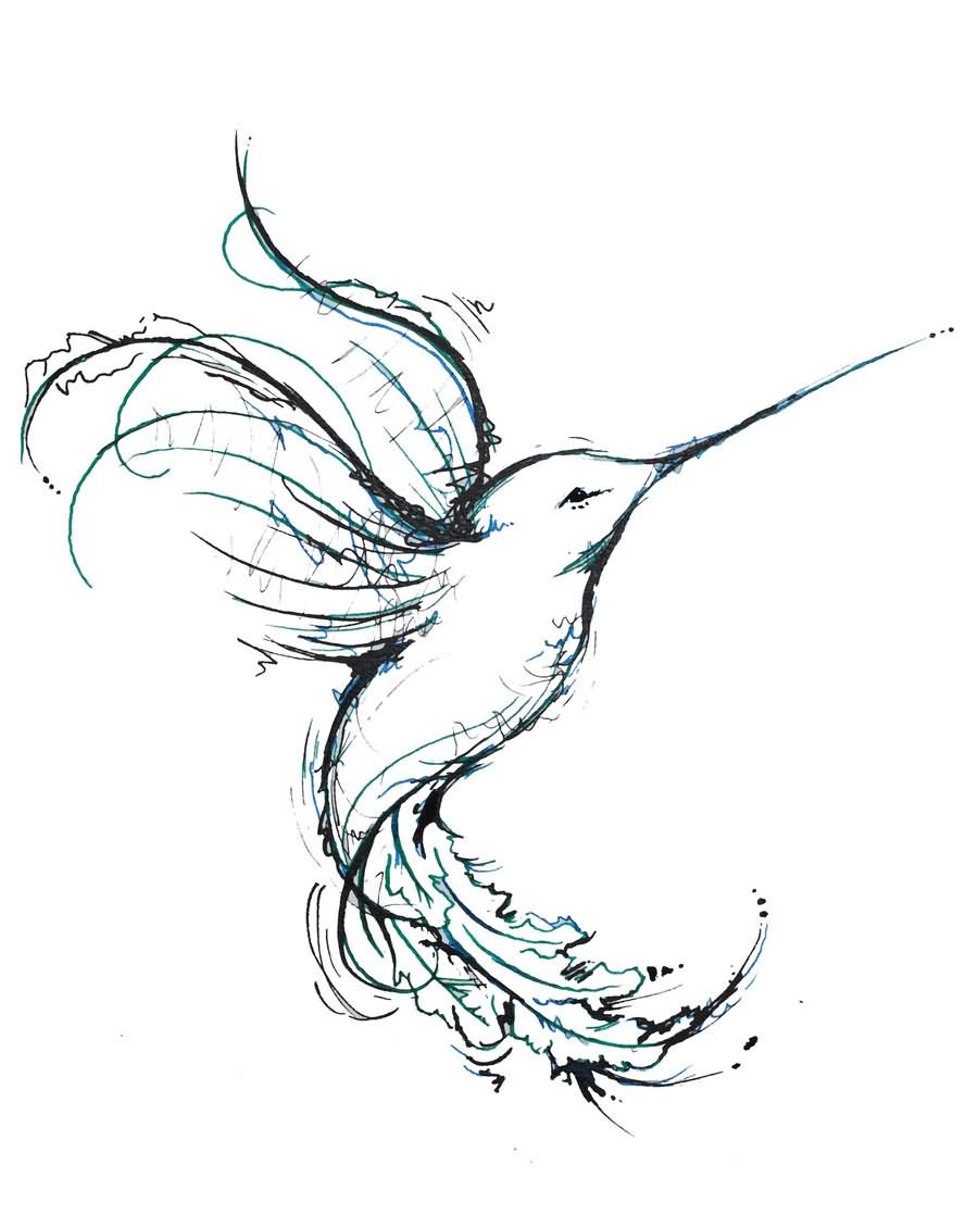 Simple black-and-blue line hummingbird tattoo design