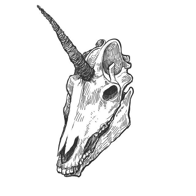 Simple black-and-white unicorn skull tattoo design