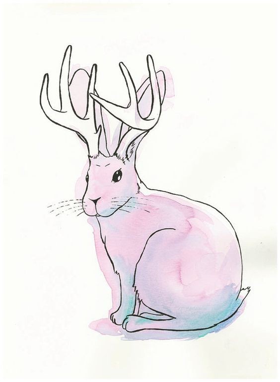 Simple black-contoured sitting horned hare with pink watercolor background tattoo design