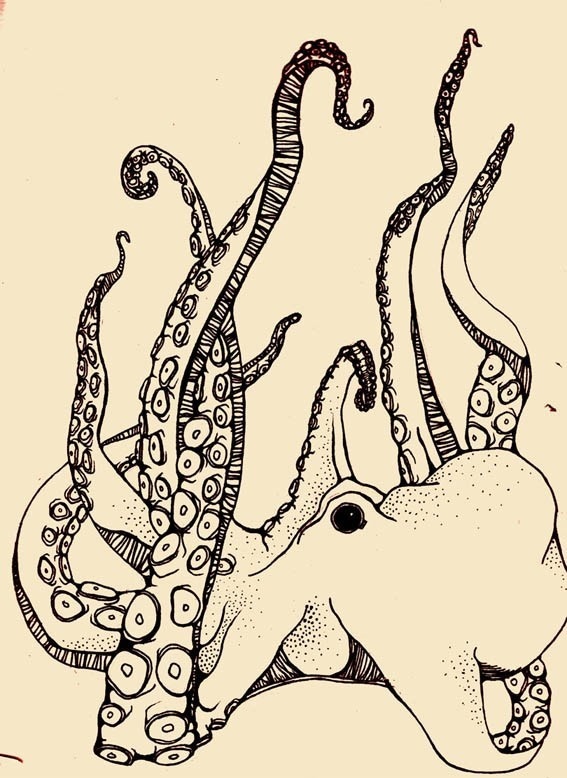 Simple black-ink octopus rising his tentales up tattoo design