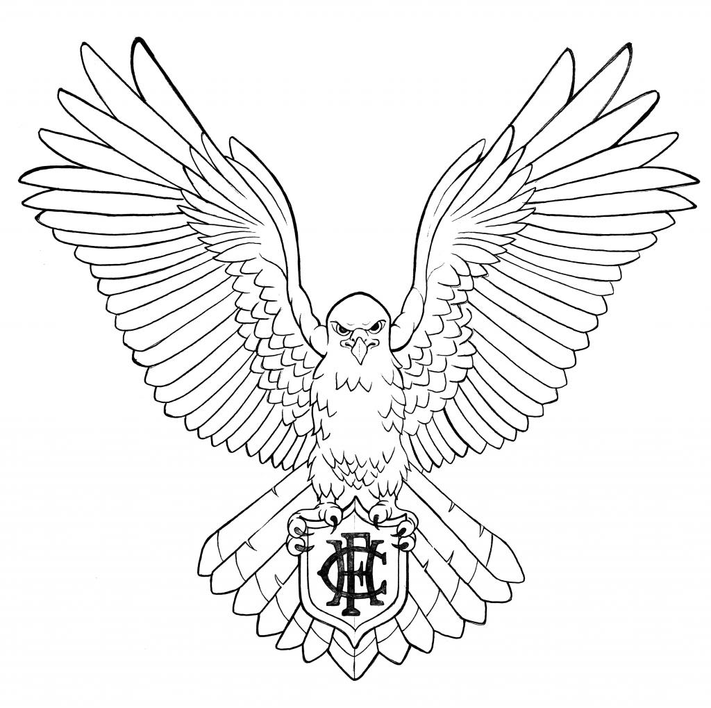 Simple black-line eagle keeping a coat of arms tattoo design