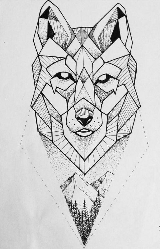 Simple dotwork geometric wolf with mountains view tattoo ...