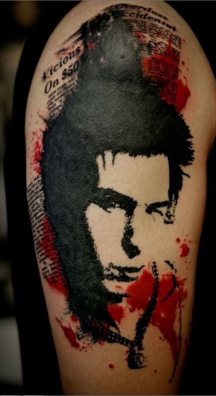 Simples pintado no lixo polka estilo tatuagem braço do retrato do homem com letras