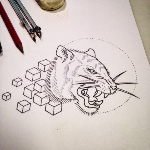Simple roaring tiger head with geometric elements tattoo design