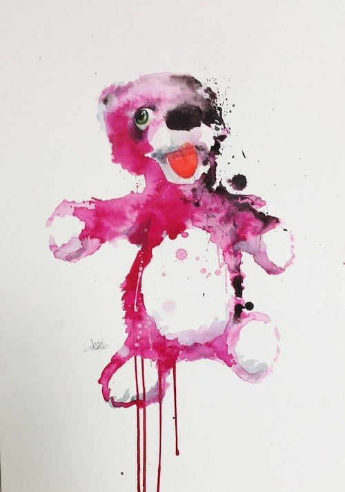 Single-eyed pink watercolor teddy bear tattoo design