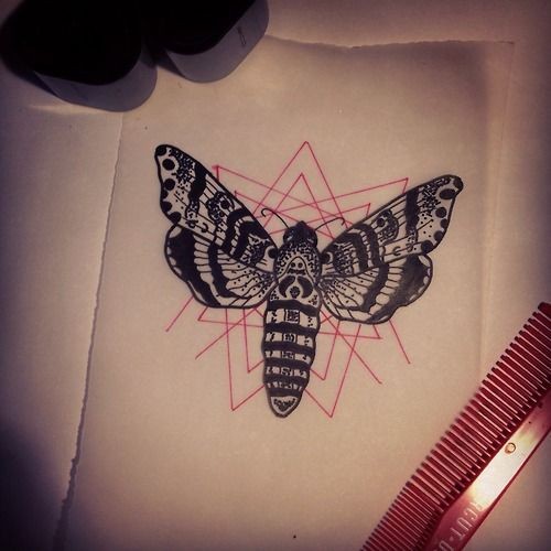 Single black-ink moth on red geometric background tattoo design