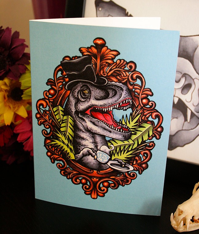 Sir dinosaur wearing hat with a cup of tea in mirror frame tattoo design