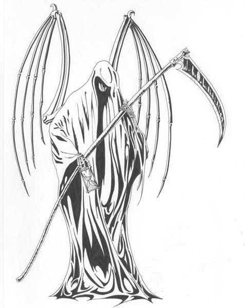 Skeleton-winged death keeping a long scythe and tiny hourglass tattoo design