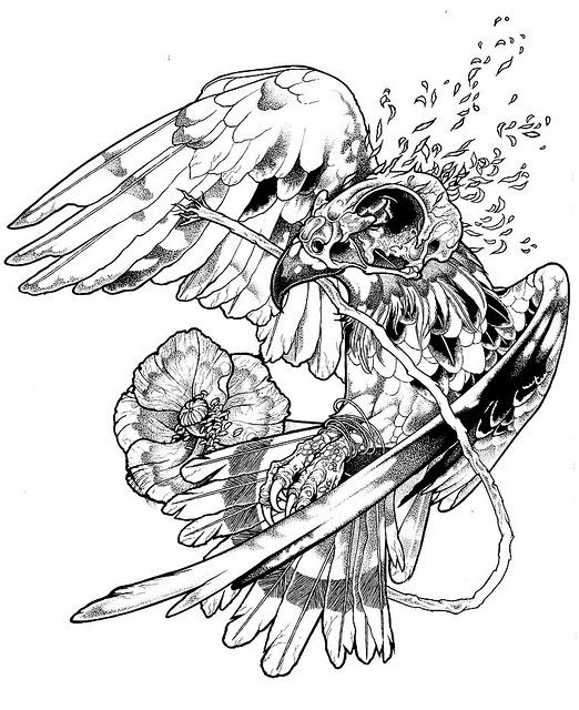 Skull-headed eagle with a branch in a beak and poppy flower tattoo design