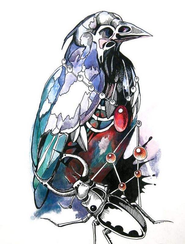 Skull-headed raven with red gem decoration and a bug tattoo design