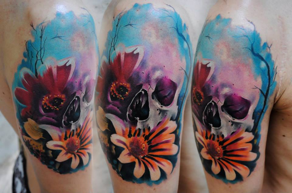Skull with flowers tattoo on shoulder by Lehel Nyeste
