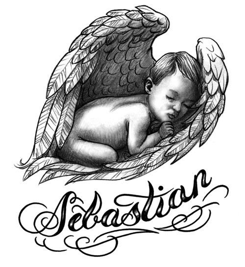 Sleeping cherub angel with a beautiful lettering tattoo design