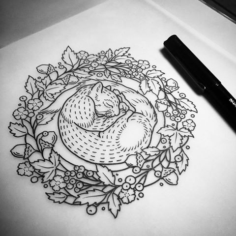 Sleeping squirrel in floral and berried frame tattoo design