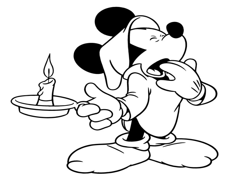 Sleepy outline Mickey Mouse keeping shining candle tattoo design