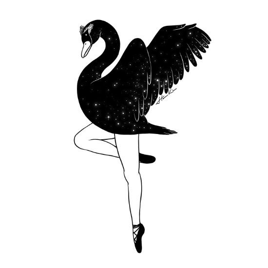 Slim black-and-white swan ballerina with girly legs tattoo design