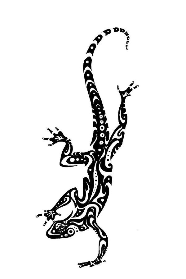 Slim black tribal reptile running down tattoo design by Tsairi