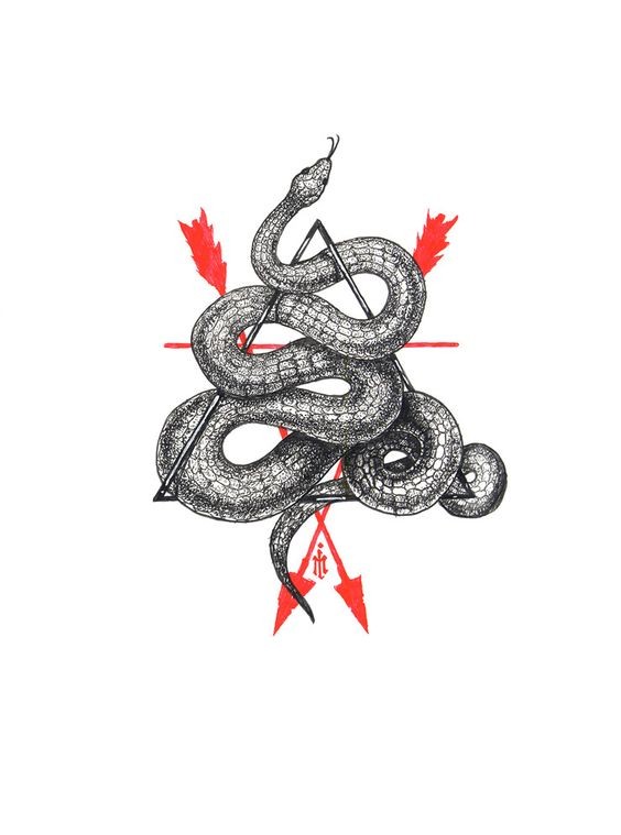 Slim dotwork reptile curled around triangle and red arrown on backside tattoo design