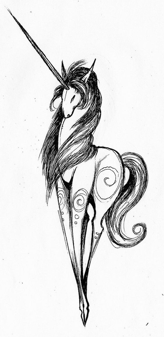 Slim elegant black-ink standing unicorn tattoo design