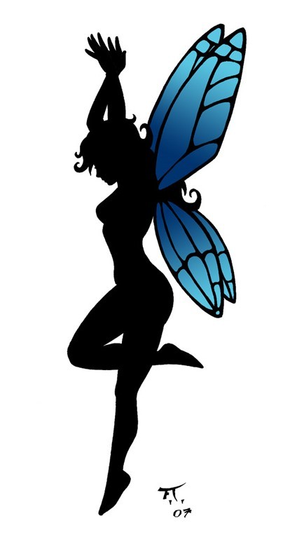 Slim fairy figure with blue butterfly wings tattoo design by Psycho Captain