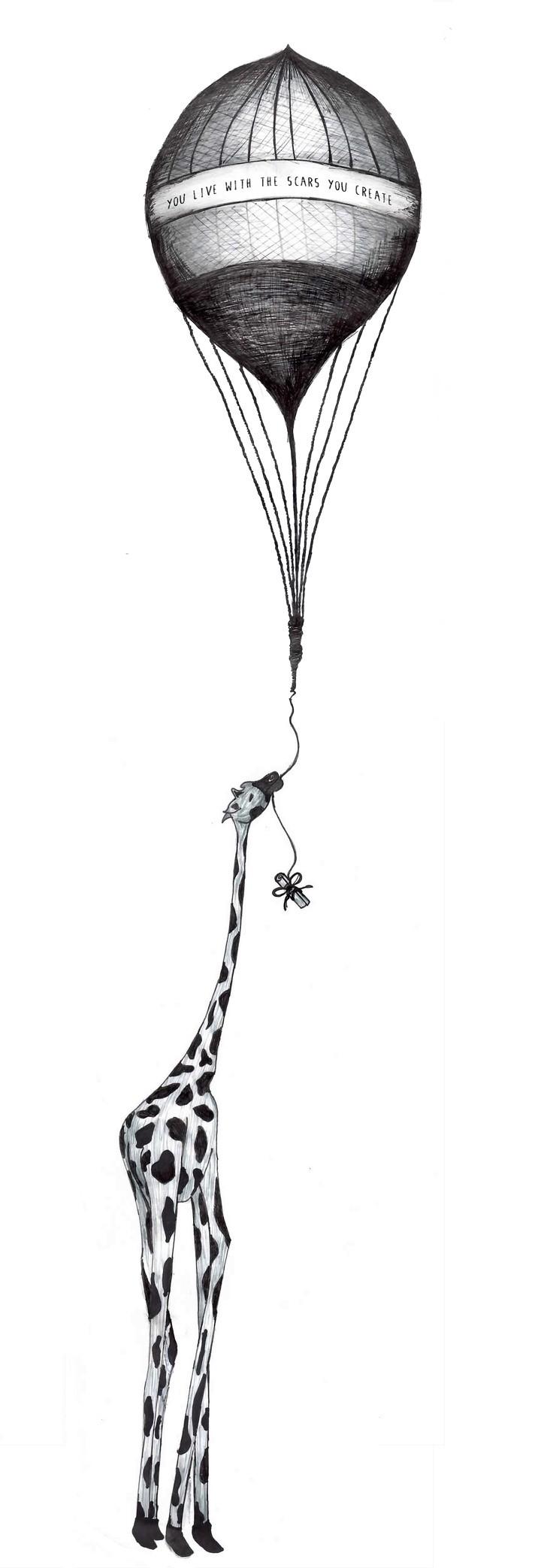 Slim giraffe keeping escaping balloon tattoo design
