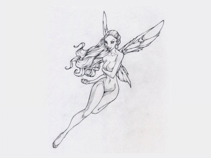 Slim naked flying fairy tattoo design