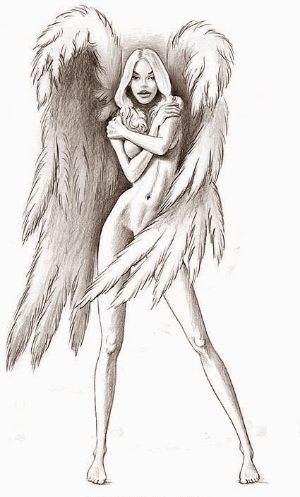 Menina de anjo sexy nua magro com desenho de tatuagem de pernas longas extra