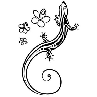 Slim tribal lizard and tiny flowers tattoo design
