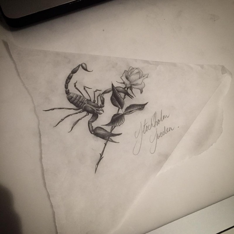 Small black-and-white scorpion with huge rose flower tattoo design