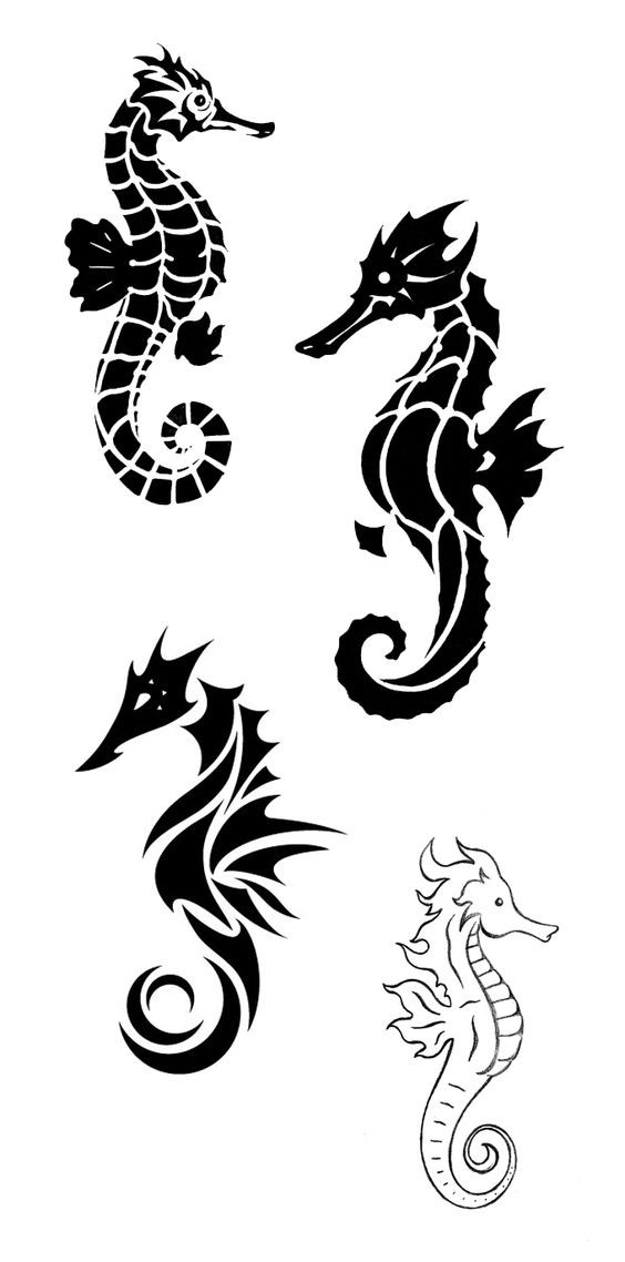 Small black-and-white seahorse figures tattoo design