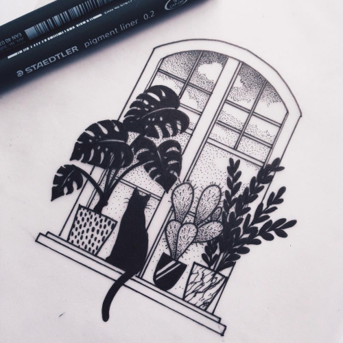 Small black cat sitting on a flowered windowsill tattoo design