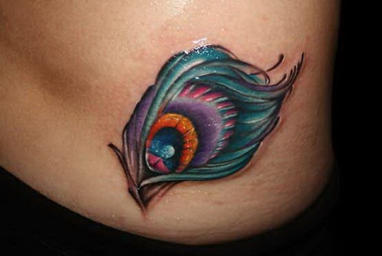 Small colorful peacock feather tattoo for women on side