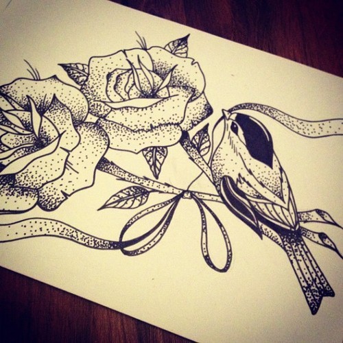 Small dotwork bird and two big roses tattoo design