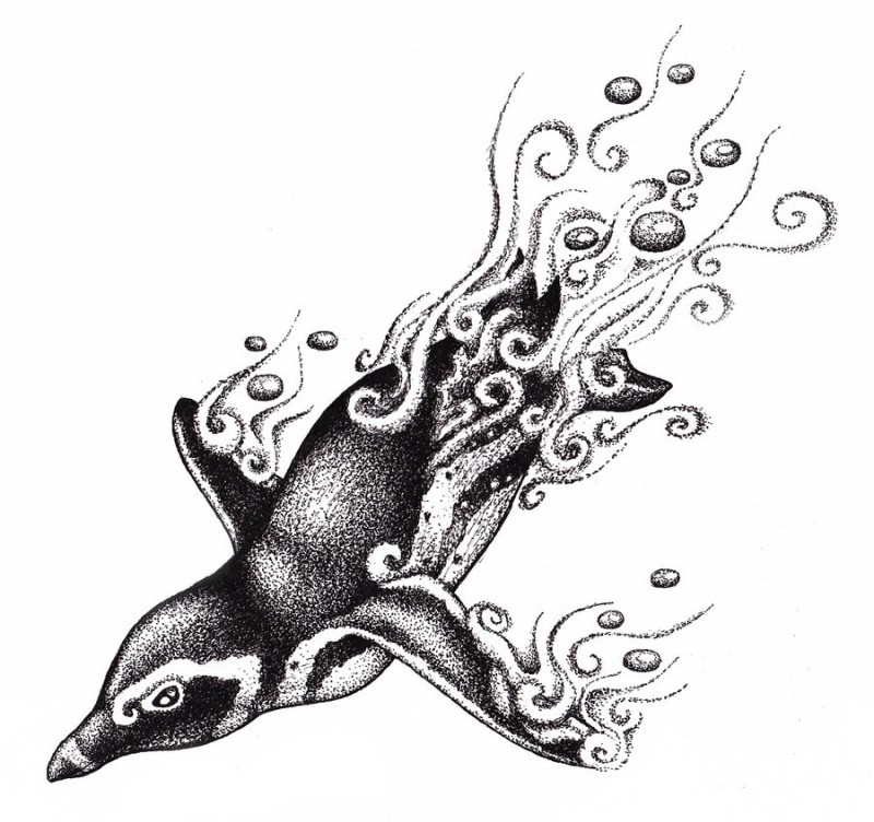 Small dotwork penguin diving in swirly waves tattoo design by Penguin Luv4ever