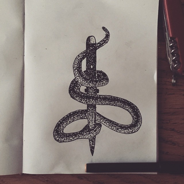 Small dotwork snake killed with dagger tattoo design