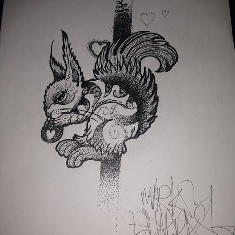 Small dotwork squirrel with line and hearts details tattoo design