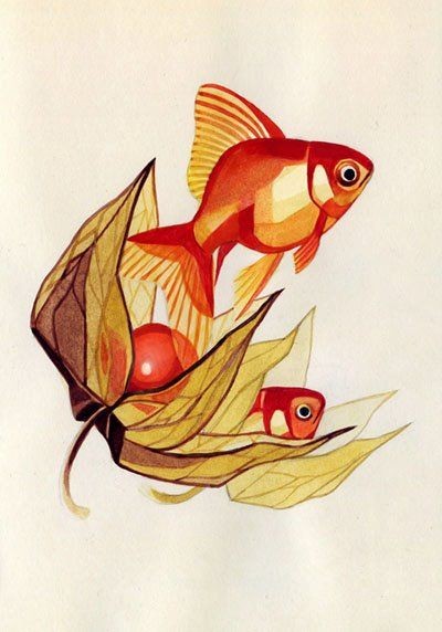 Small gold fish and tasty fruit berry tattoo design