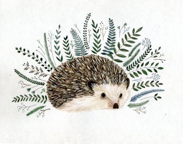 Small hedgehog surrounded with green herbal branches tattoo design