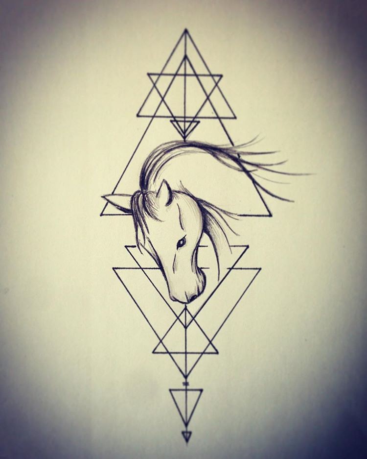 Small horse head on geometric drawings tattoo design