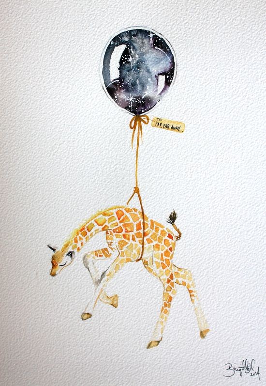 Small orange giraffe flying by space-printed balloon tattoo design