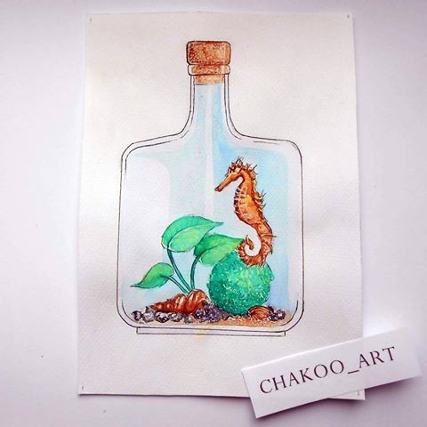 Small orange seahorse with shell and seaweeds prisoned in glass bottle tattoo design